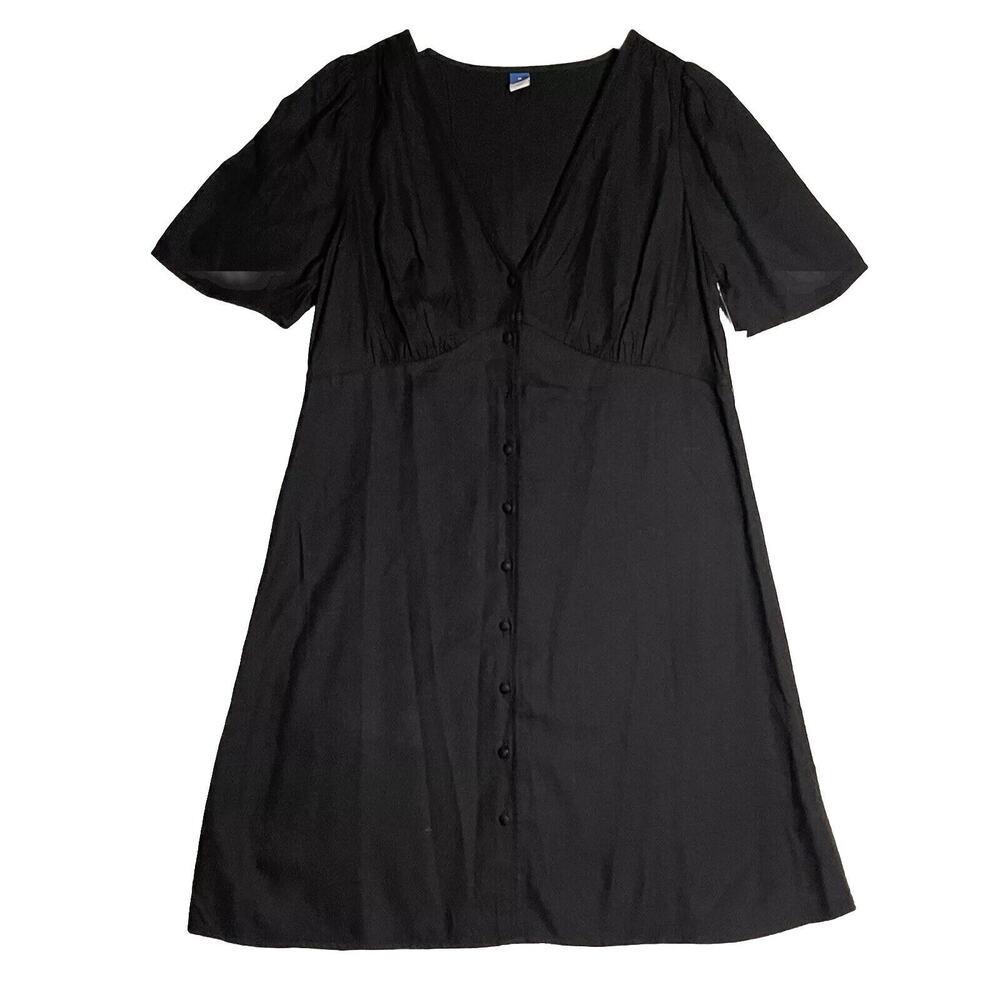 Old Navy Women black Button Front Shirt Sleeve V-Neck Dress Size Medium Casual